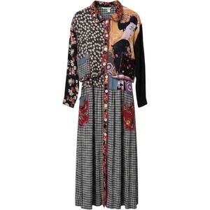 Vintage Surya Womens Patchwork Geisha Floral Plaid Rayon Dress Top Set Y2K